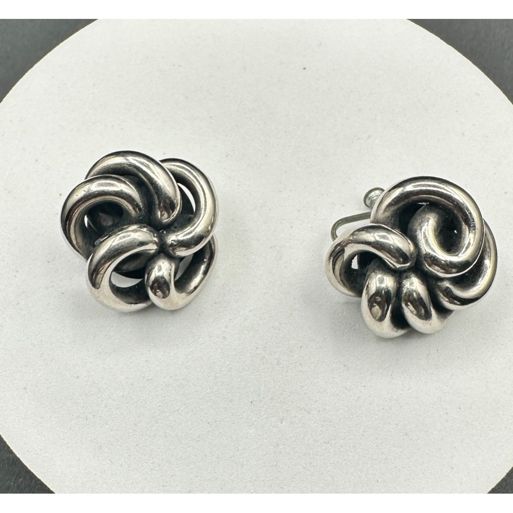 Vintage Silver Tone Knot Earrings Chunky Modernist 70s Screwback Statement